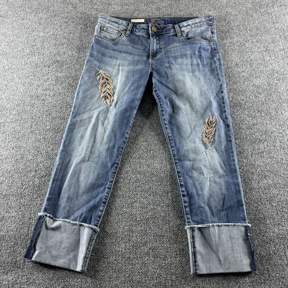 KUT From The Kloth Cameron Jeans Womens 10 Blue Medium Wash Cuffed Embroidered